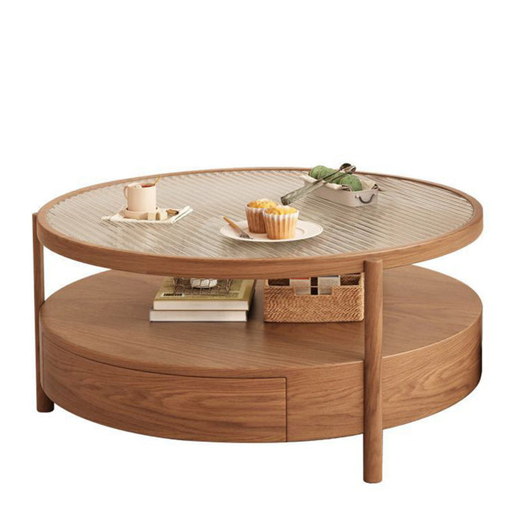 Zeitgenössischer japanischer quadratischer runder Glas-Holz-Beistelltisch 2-stufig für das Wohnzimmer 