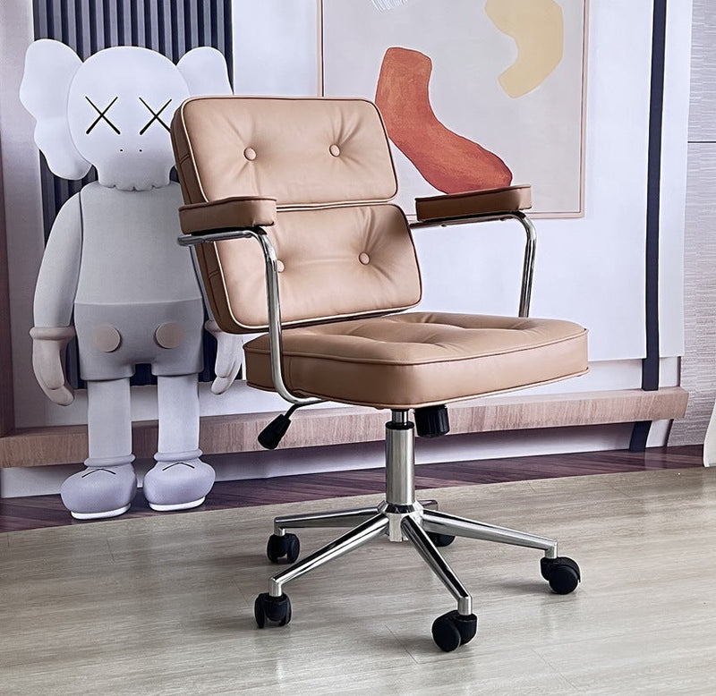 Zeitgenössischer nordischer quadratischer Leder-Metall-Schreibtischstuhl mit Rückenlehne und Armlehne für das Home Office 