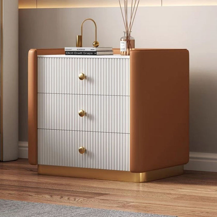 Modern Minimalist Rectangular Round Corner Pine Wood Rock Slab Microfiber Leather Stainless Steel Nightstand 3-Drawer For Bedroom