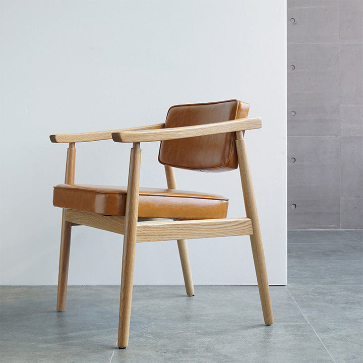 Contemporary Nordic Rectangular PU Leather Oak Dining Chair Backrest Arm For Dining Room