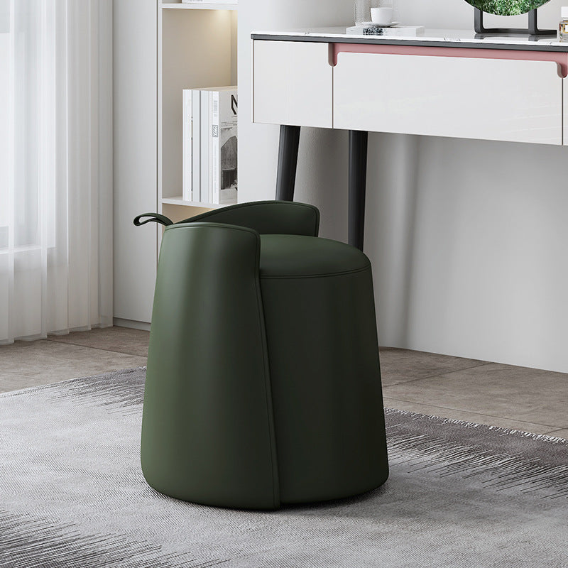 Moderner nordischer Schminkhocker in runder Zylinderform aus Mikrofaserleder, Massivholz &amp; Sperrholz mit niedriger Rückenlehne für das Schlafzimmer 