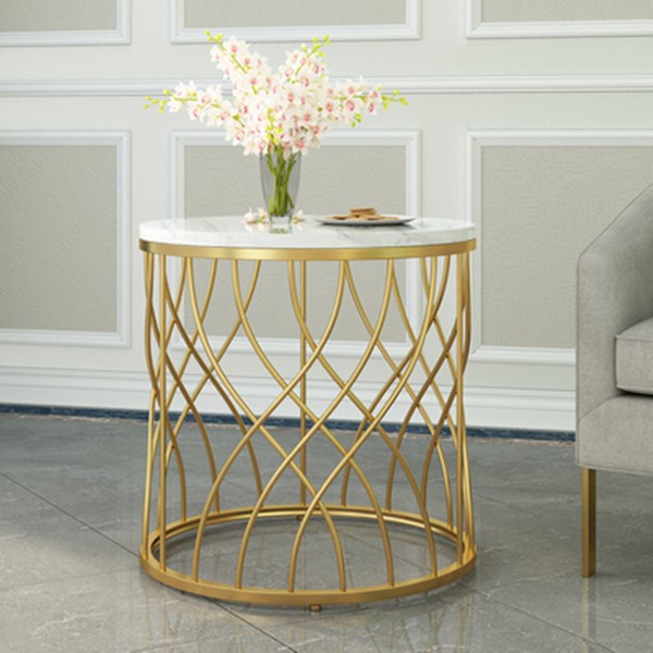 Modern Minimalist Cylindrical Steel Stone End Table Openwork Design For Living Room