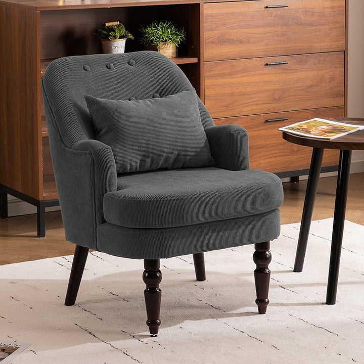 Chaise d'appoint traditionnelle vintage en velours côtelé carré avec dossier et accoudoirs en bois de caoutchouc pour salon 