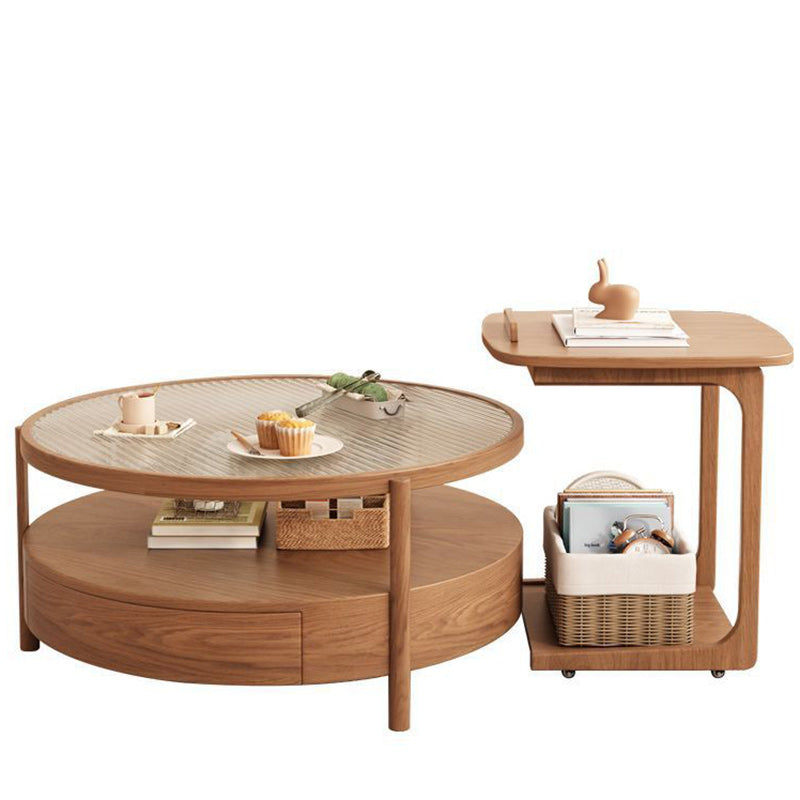 Zeitgenössischer japanischer quadratischer runder Glas-Holz-Beistelltisch 2-stufig für das Wohnzimmer 