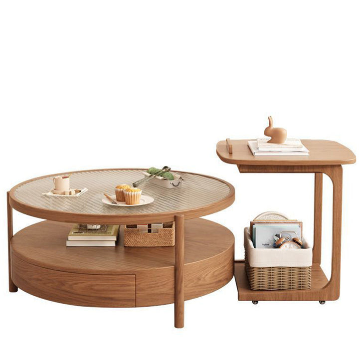 Zeitgenössischer japanischer quadratischer runder Glas-Holz-Beistelltisch 2-stufig für das Wohnzimmer 