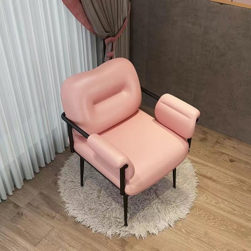 Zeitgenössischer skandinavischer quadratischer PU-Leder-Eisen-Schminkhocker mit Rückenlehne und Armlehne für das Schlafzimmer 