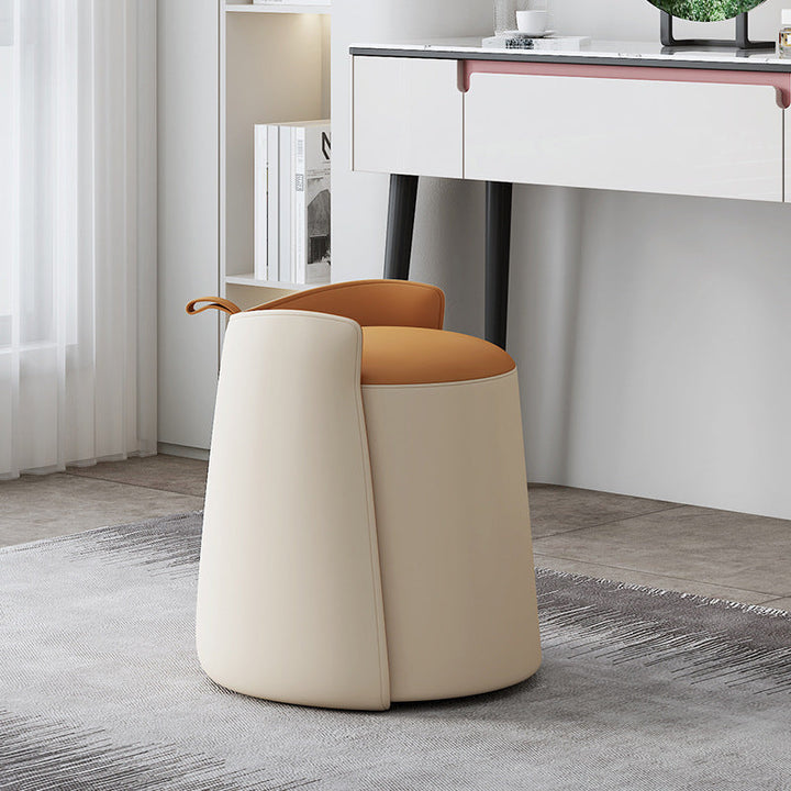 Moderner nordischer Schminkhocker in runder Zylinderform aus Mikrofaserleder, Massivholz &amp; Sperrholz mit niedriger Rückenlehne für das Schlafzimmer 