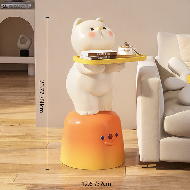 Moderner Art Deco Kinder Katzen rechteckiger Harz Metall Holz Beistelltisch 1-Tablett mit LED-Licht für Schlafzimmer 