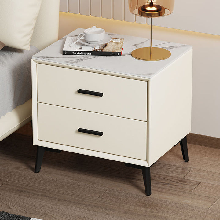 Modern Luxury Square Microfiber Leather Stone Veneer Solid Wood Panel Nightstand 2-Drawer For Bedroom