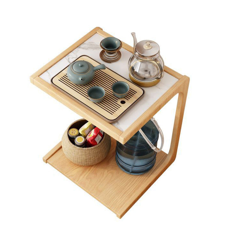 Zeitgenössischer japanischer quadratischer runder Glas-Holz-Beistelltisch 2-stufig für das Wohnzimmer 