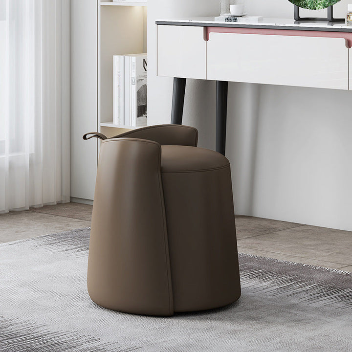 Moderner nordischer Schminkhocker in runder Zylinderform aus Mikrofaserleder, Massivholz &amp; Sperrholz mit niedriger Rückenlehne für das Schlafzimmer 