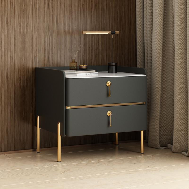 Table de chevet moderne en cuir avec 2 tiroirs rectangulaire en bois massif pour chambre 