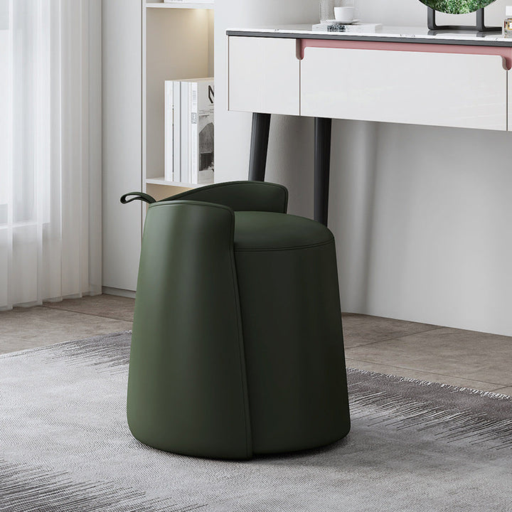 Moderner nordischer Schminkhocker in runder Zylinderform aus Mikrofaserleder, Massivholz &amp; Sperrholz mit niedriger Rückenlehne für das Schlafzimmer 