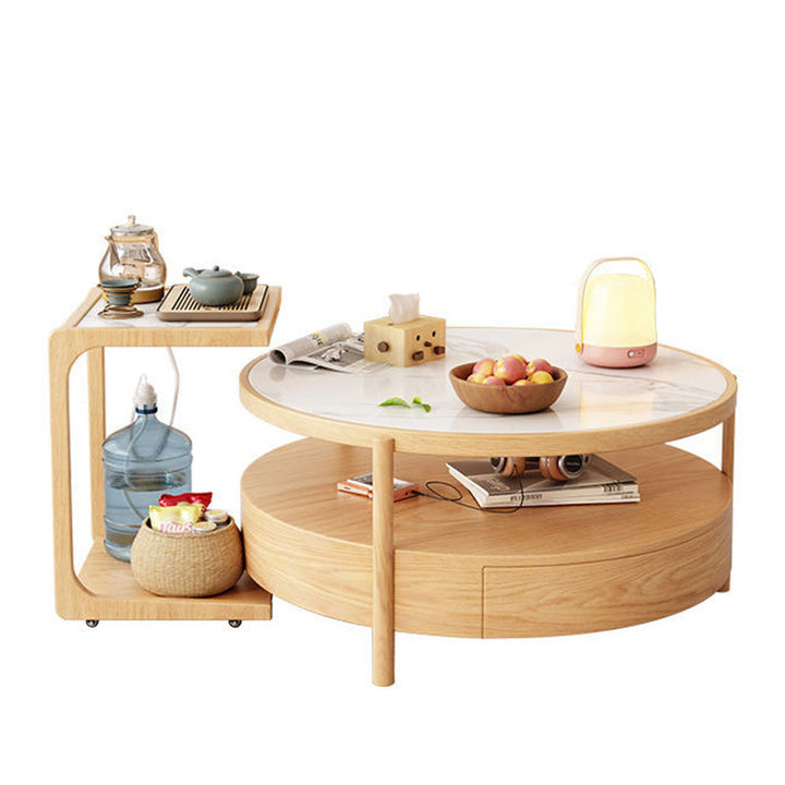 Zeitgenössischer japanischer quadratischer runder Glas-Holz-Beistelltisch 2-stufig für das Wohnzimmer 