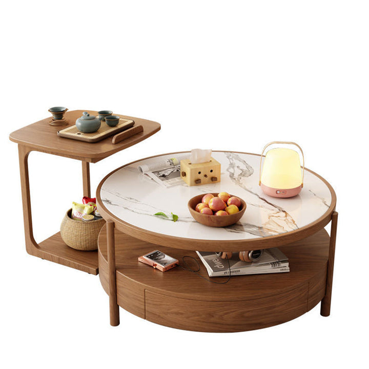Zeitgenössischer japanischer quadratischer runder Glas-Holz-Beistelltisch 2-stufig für das Wohnzimmer 
