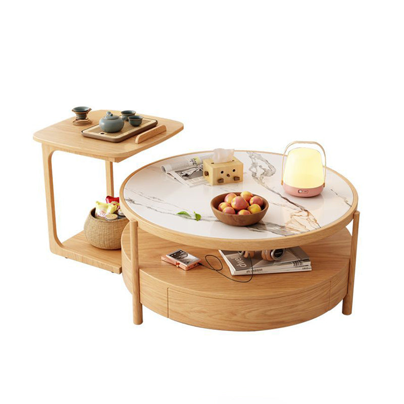 Zeitgenössischer japanischer quadratischer runder Glas-Holz-Beistelltisch 2-stufig für das Wohnzimmer 