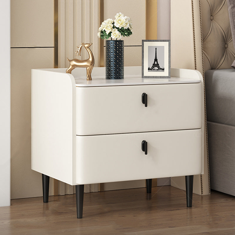 Table de chevet moderne minimaliste carré en cuir microfibre bois massif plaque de roche alliage acier carbone 2 tiroirs pour chambre 