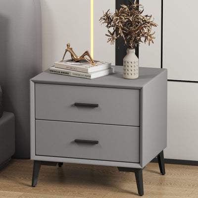 Table de nuit moderne de luxe en cuir microfibre carré avec placage de pierre et panneau en bois massif à 2 tiroirs pour chambre 