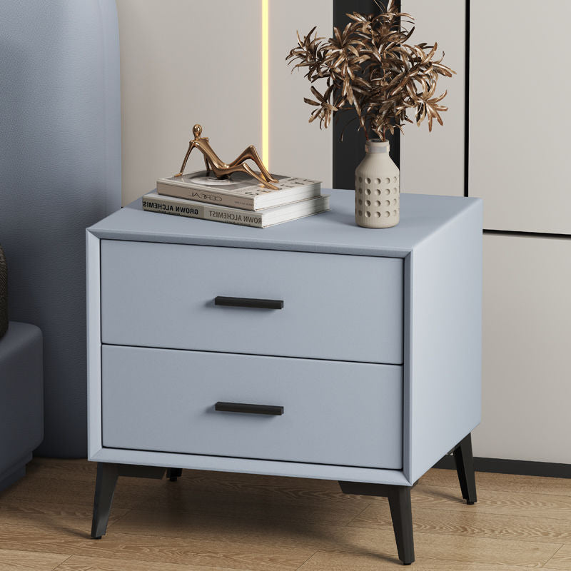 Table de nuit moderne de luxe en cuir microfibre carré avec placage de pierre et panneau en bois massif à 2 tiroirs pour chambre 