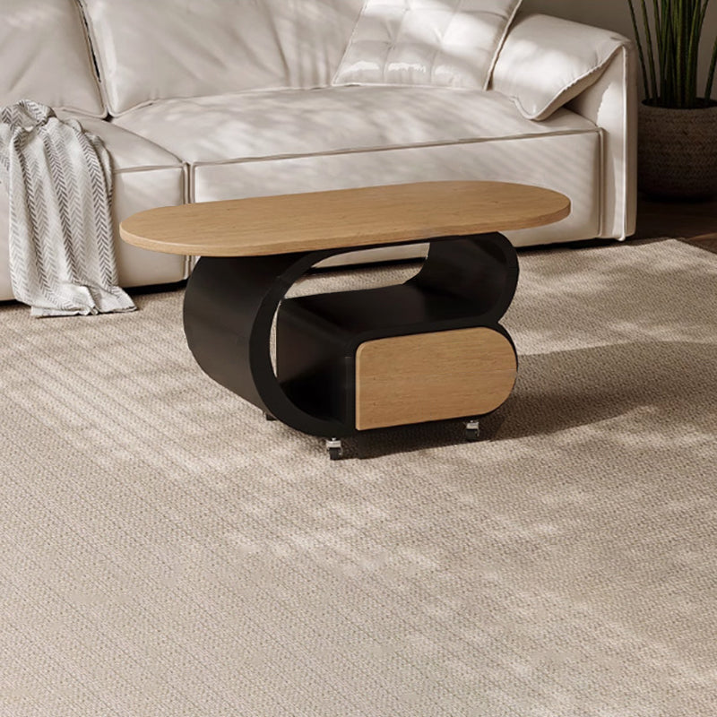 Contemporary Scandinavian Oval Multi-Layer Solid Wood Carbon Steel Movable Side Table 1-Drawer For Living Room