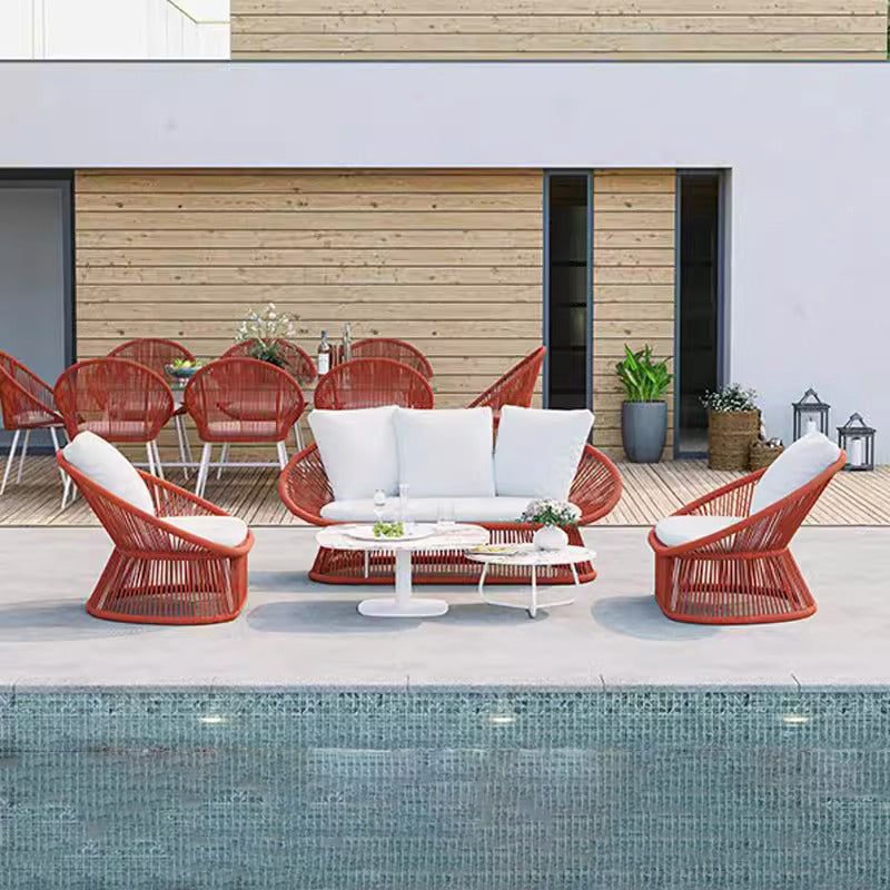 Contemporary Boho Waterproof Weaving Rattan Rope Sponge Aluminum Alloy Slab Round Elliptical Outdoor Coffee Table &amp; Chair Set For Outdoor Patio