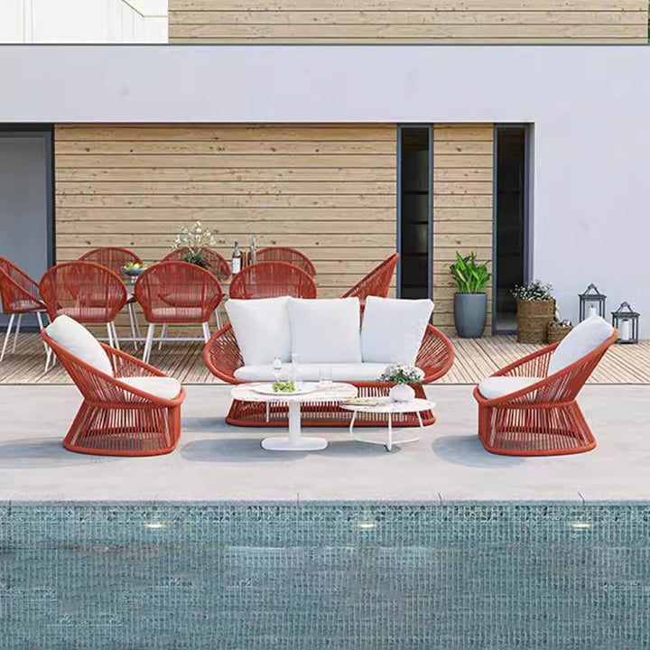 Contemporary Boho Waterproof Weaving Rattan Rope Sponge Aluminum Alloy Slab Round Elliptical Outdoor Coffee Table & Chair Set For Outdoor Patio