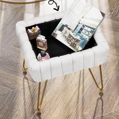 Contemporary Scandinavian Square Faux Rabbit Fur Medium Density Fiberboard Steel Organizer Vanity Stool For Bedroom
