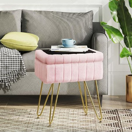 Contemporary Scandinavian Square Faux Rabbit Fur Medium Density Fiberboard Steel Organizer Vanity Stool For Bedroom