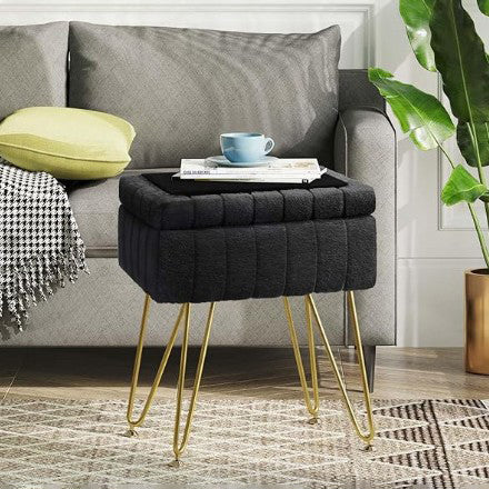 Contemporary Scandinavian Square Faux Rabbit Fur Medium Density Fiberboard Steel Organizer Vanity Stool For Bedroom