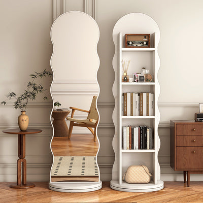 Contemporary Scandinavian Wavy Particle Wood Glass Full-Length Mirror Bookshelf 5-Tier For Bedroom