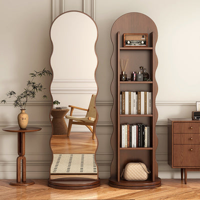 Contemporary Scandinavian Wavy Particle Wood Glass Full-Length Mirror Bookshelf 5-Tier For Bedroom