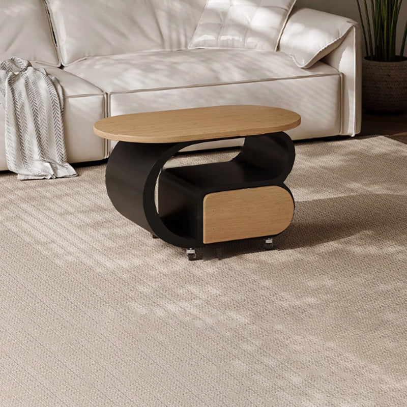 Contemporary Scandinavian Oval Multi-Layer Solid Wood Carbon Steel Movable Side Table 1-Drawer For Living Room