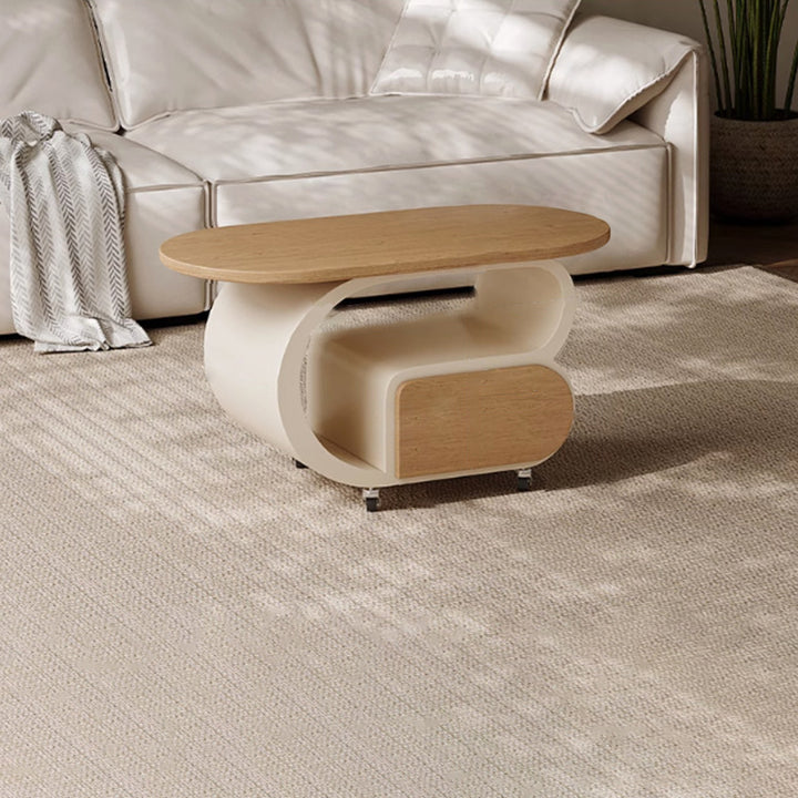 Table d'appoint mobile contemporaine scandinave ovale à plusieurs niveaux en bois massif et acier au carbone, 1 tiroir, pour salon 