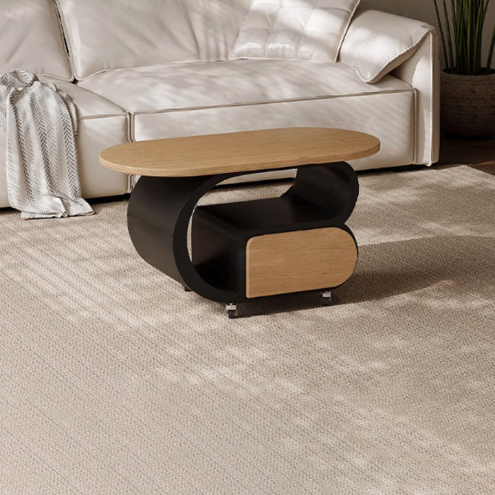Table d'appoint mobile contemporaine scandinave ovale à plusieurs niveaux en bois massif et acier au carbone, 1 tiroir, pour salon 