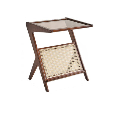 Contemporary Scandinavian Square Rubberwood Solid Wood Glass Side Table For Living Room