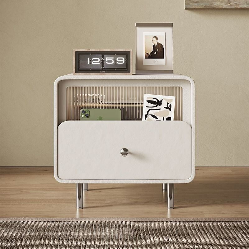Modern Minimalist Square Microfiber Leather Medium Density Fiberboard Glass Stainless Steel Nightstand 1-Drawer For Bedroom