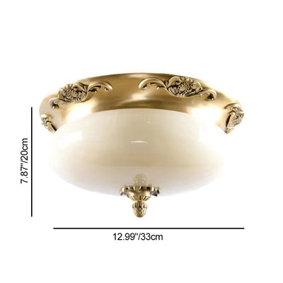 Traditional European Oval Carved Jade Copper LED Flush Mount Ceiling Light For Bedroom