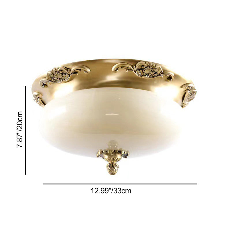 Traditional European Oval Carved Jade Copper LED Flush Mount Ceiling Light For Bedroom