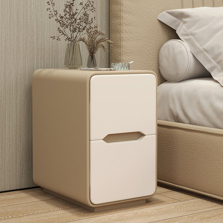 Contemporary Nordic Narrow Rectangular MDF Pine Wood Plywood Cat Scratching Leather Nightstand 2-Drawer For Bedroom