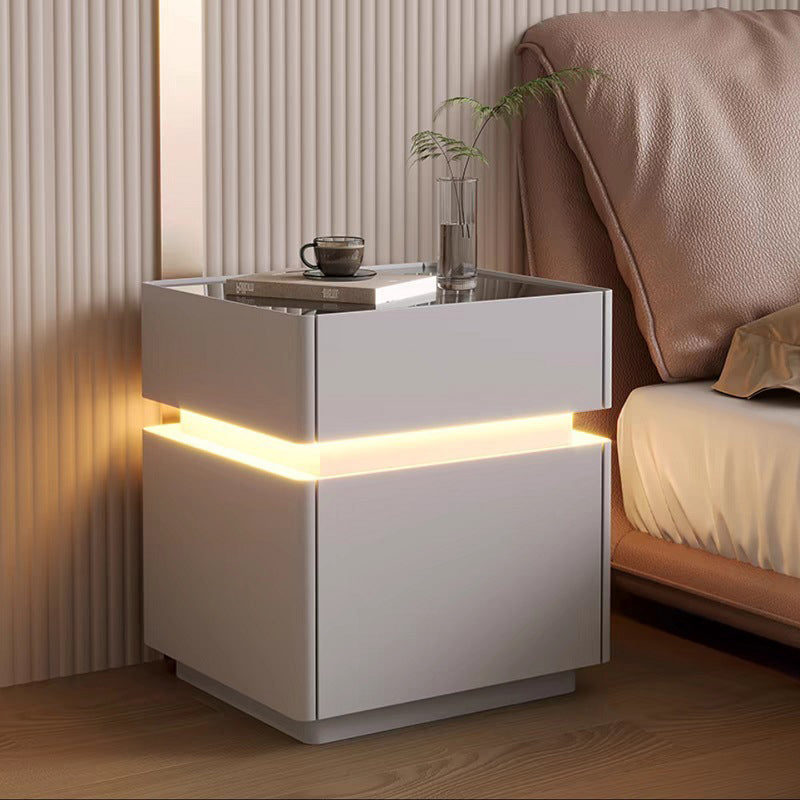 Modern Minimalist Rectangular Glass Microfiber Leather Solid Wood Nightstand 3-Drawer For Bedroom