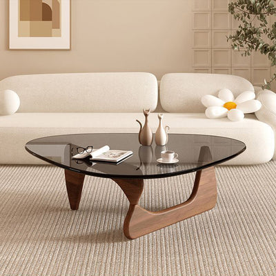 Contemporary Creative Teardrop-Shaped Triangular Tempered Glass Solid Wood Coffee Table 1-Tier For Living Room