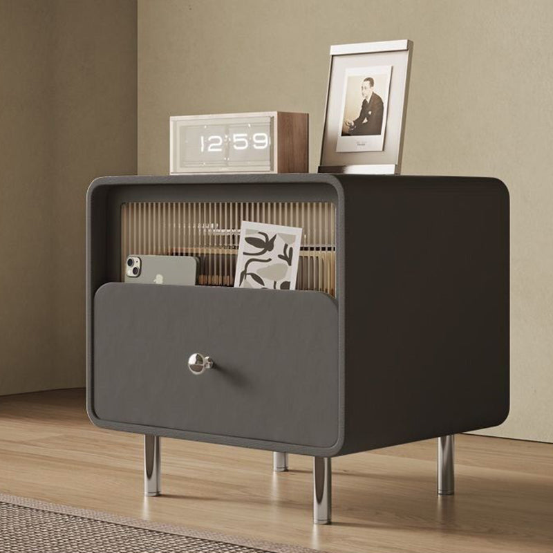 Modern Minimalist Square Microfiber Leather Medium Density Fiberboard Glass Stainless Steel Nightstand 1-Drawer For Bedroom