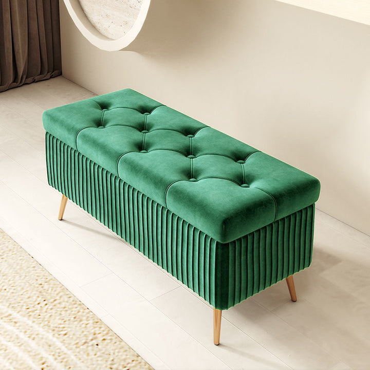 Banco moderno de lujo rectangular con estructura de madera maciza y espuma de terciopelo 1-almacenamiento para la entrada 