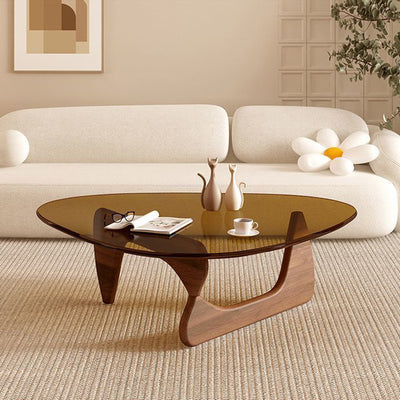 Contemporary Creative Teardrop-Shaped Triangular Tempered Glass Solid Wood Coffee Table 1-Tier For Living Room