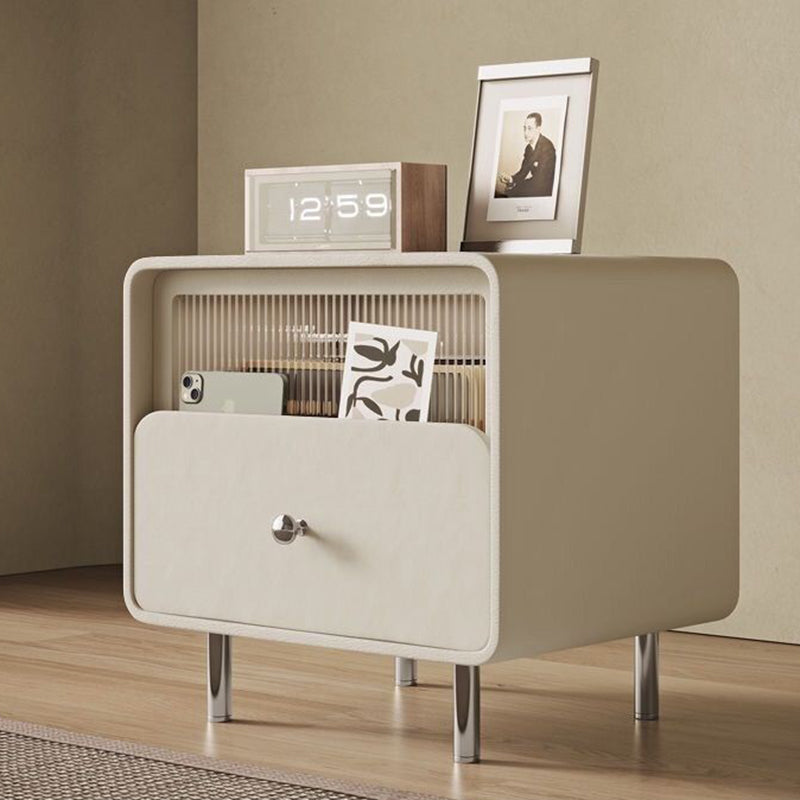 Modern Minimalist Square Microfiber Leather Medium Density Fiberboard Glass Stainless Steel Nightstand 1-Drawer For Bedroom