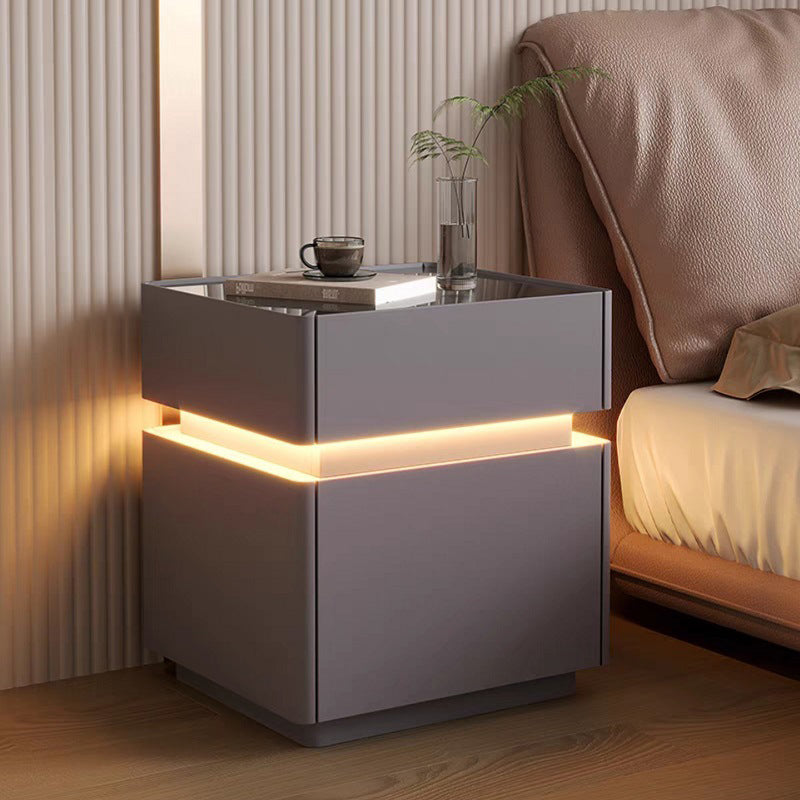 Modern Minimalist Rectangular Glass Microfiber Leather Solid Wood Nightstand 3-Drawer For Bedroom