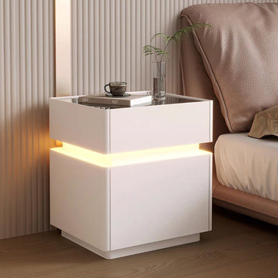 Modern Minimalist Rectangular Glass Microfiber Leather Solid Wood Nightstand 3-Drawer For Bedroom