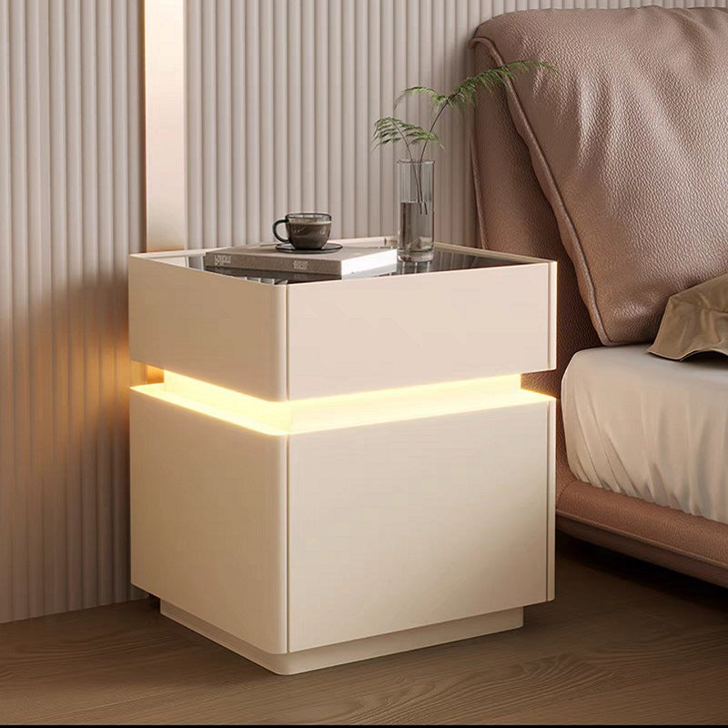Modern Minimalist Rectangular Glass Microfiber Leather Solid Wood Nightstand 3-Drawer For Bedroom