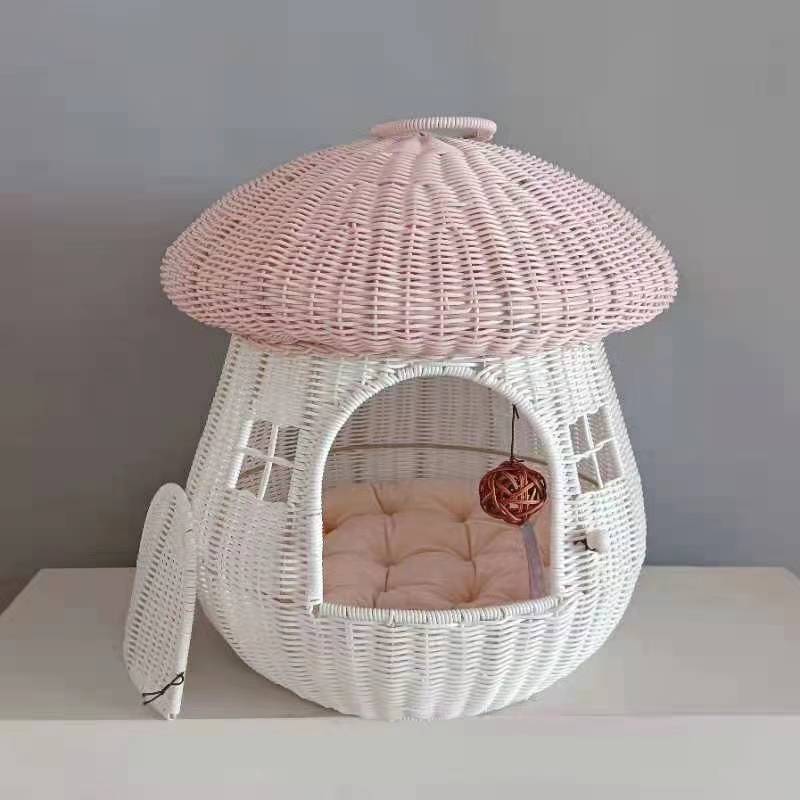 Zeitgenössisches kreatives rundes PP-Rattan handgewebtes pilzförmiges Katzenbett für draußen &amp; Schlafzimmer 