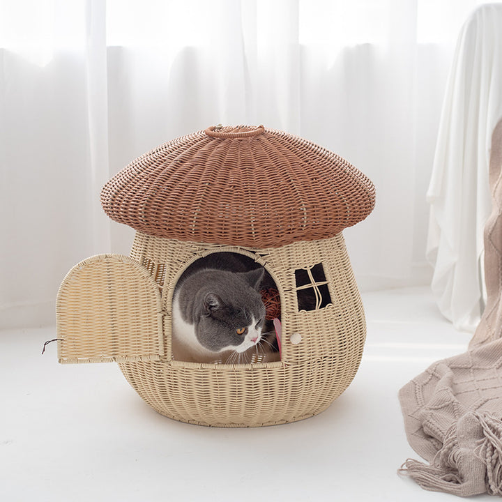 Zeitgenössisches kreatives rundes PP-Rattan handgewebtes pilzförmiges Katzenbett für draußen &amp; Schlafzimmer 